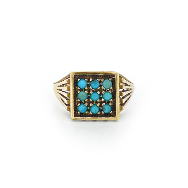 Vintage Nine Turquoise + 9ct Yellow Gold Plaque Ring - Sz.7.75