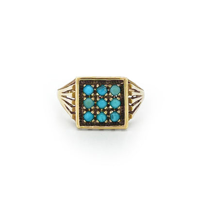 Vintage Nine Turquoise + 9ct Yellow Gold Plaque Ring - Sz.7.75