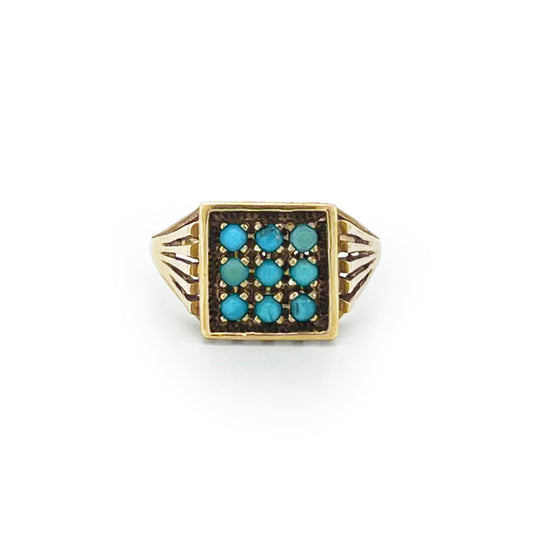 Vintage Nine Turquoise + 9ct Yellow Gold Plaque Ring - Sz.7.75