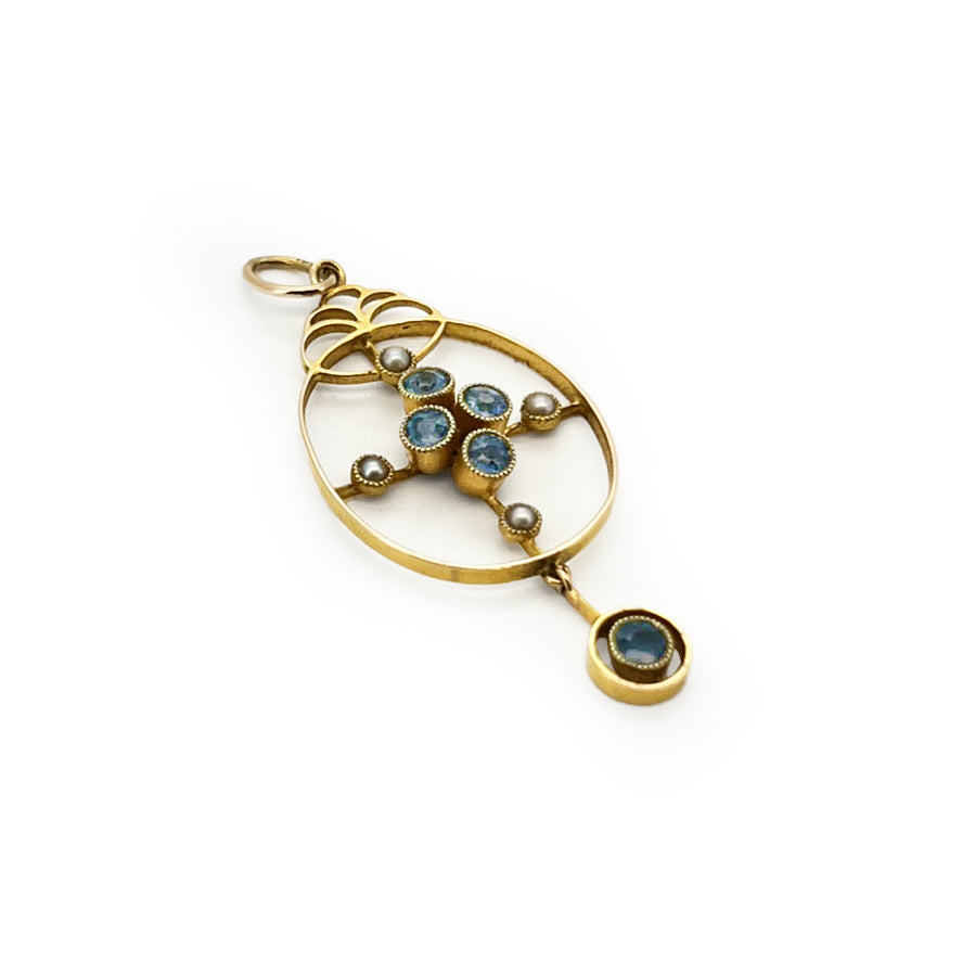 Antique Victorian Cornflower Blue Sapphire + Pearl + 15ct Yellow Gold Pendant