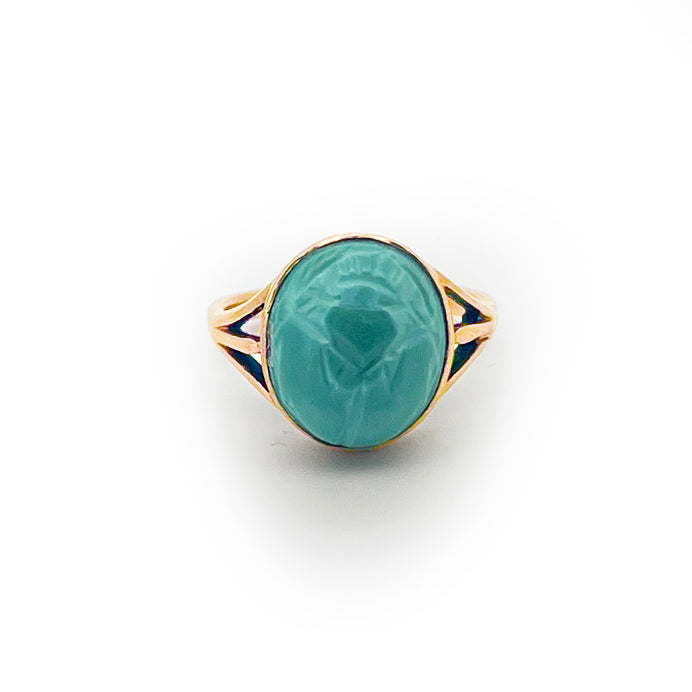 Vintage Green Steatite + 9ct Yellow Gold Scarab Ring - Sz. 5