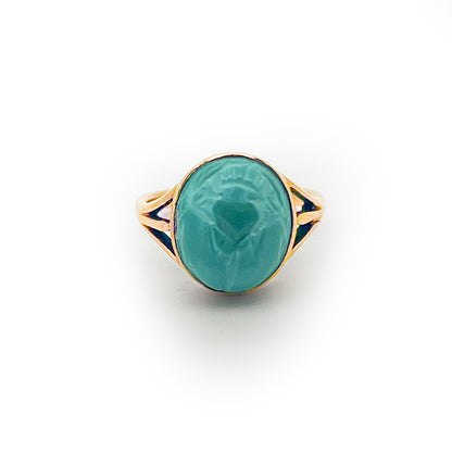 Vintage Green Steatite + 9ct Yellow Gold Scarab Ring - Sz. 5