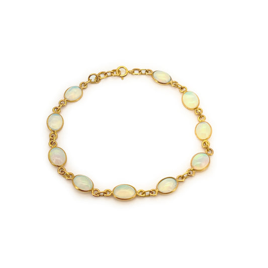 Natural Opal + 14ct Yellow Gold Link Bracelet - 7.5"L