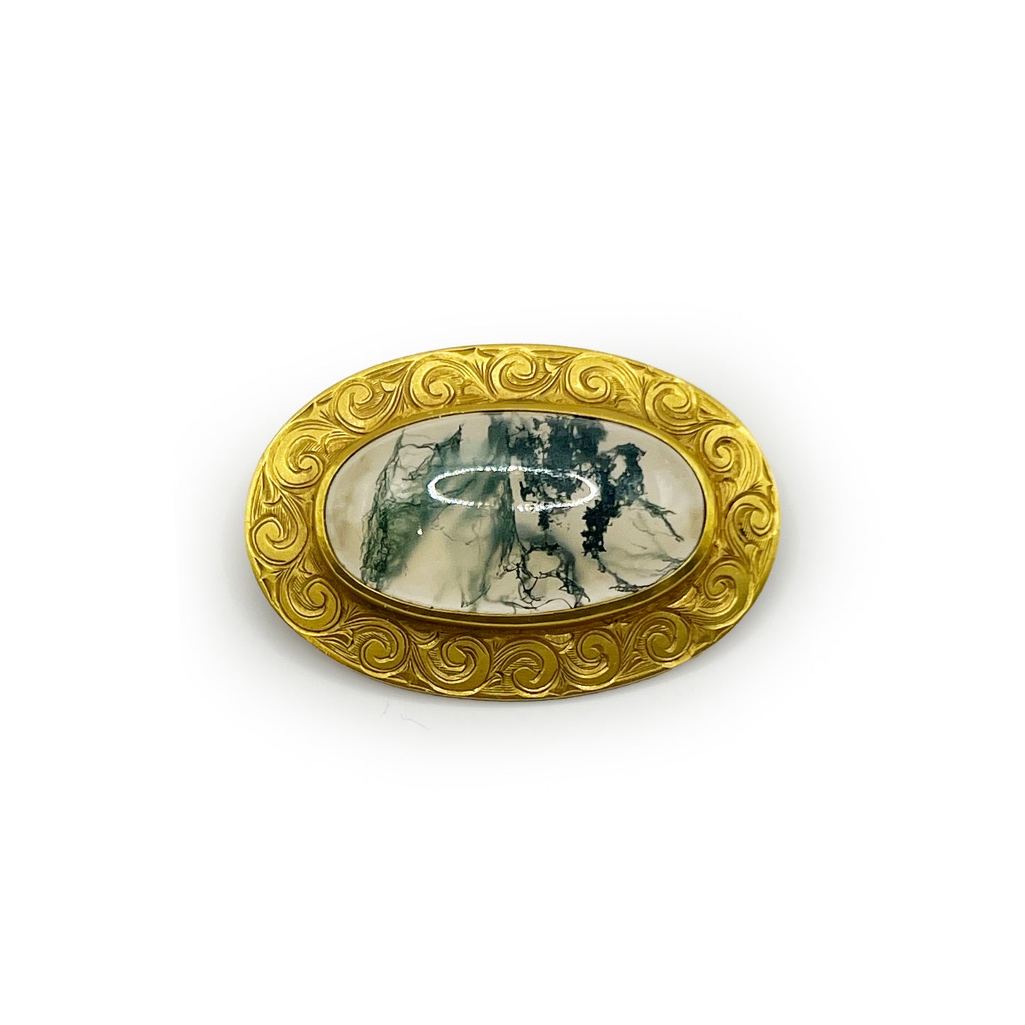 Antique Chased 14k Yellow Gold Moss Agate Pin/Pendant
