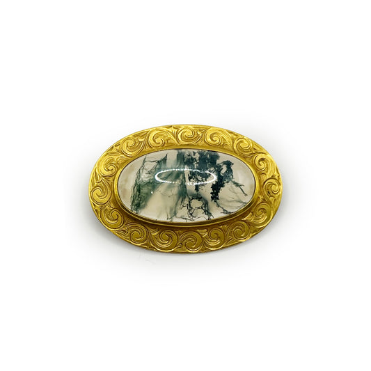 Antique Chased 14k Yellow Gold Moss Agate Pin/Pendant