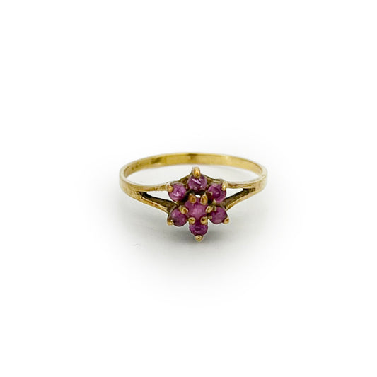 Vintage Ruby + 9ct Yellow Gold Daisy Ring - Sz. 3.25