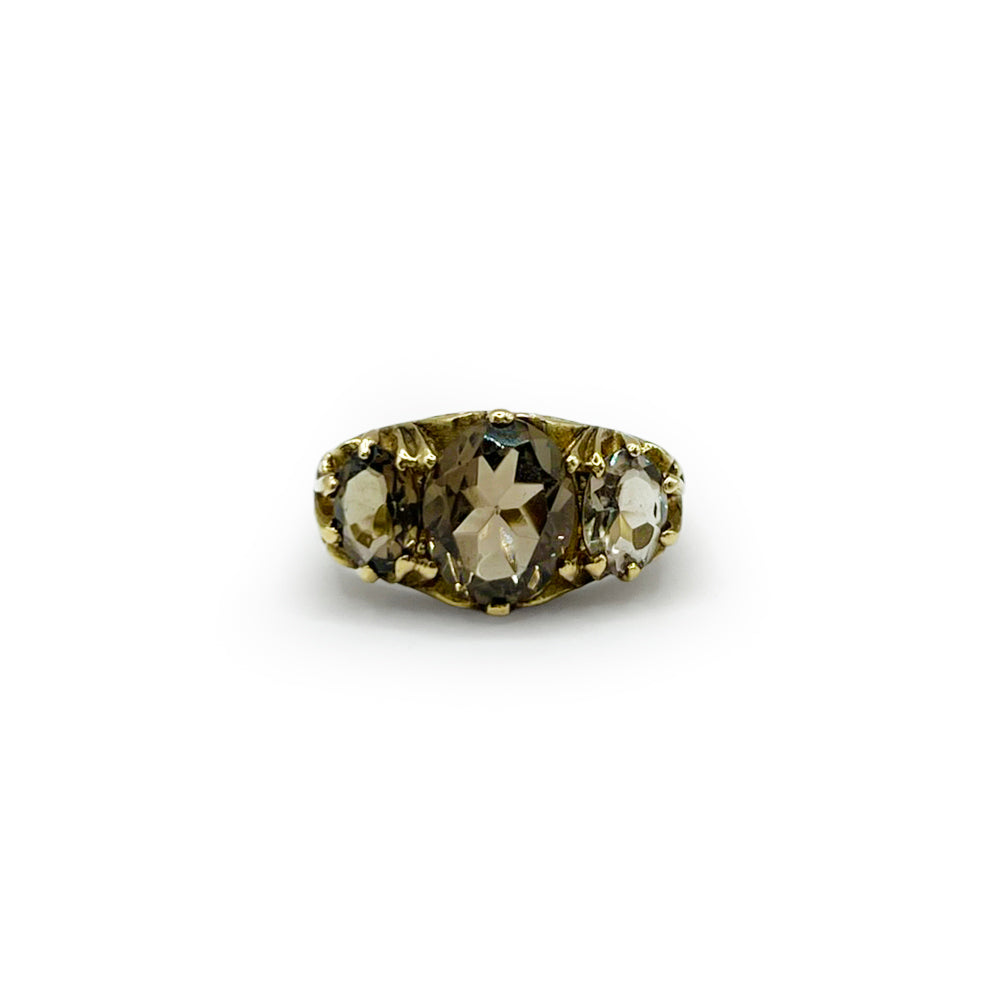Vintage Three Smoky Topaz + 9ct. Yellow Gold Ring - Sz. 8.5