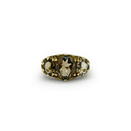 Vintage Three Smoky Topaz + 9ct. Yellow Gold Ring - Sz. 8.5
