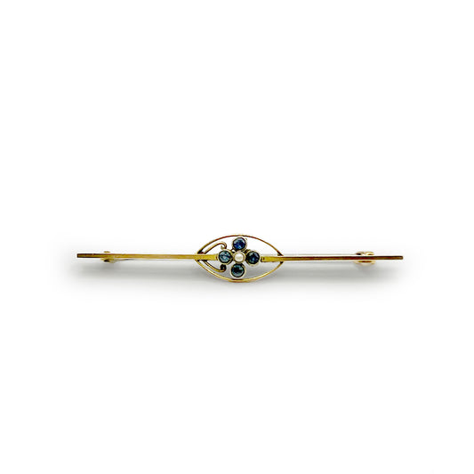 Antique Art Deco Sapphire + Pearl Brooch - 9ct Yellow Gold