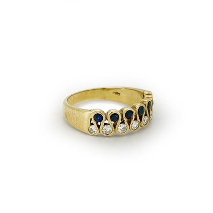 Vintage Diamond + Blue Sapphire + 9ct Yellow Gold Squiggle Ring - Sz. 6.25