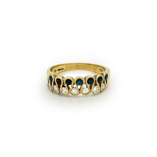 Vintage Diamond + Blue Sapphire + 9ct Yellow Gold Squiggle Ring - Sz. 6.25