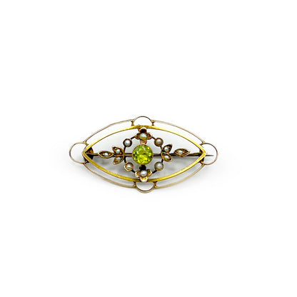 Antique Victorian 9k Gold Peridot + Pearl Brooch/Pendant
