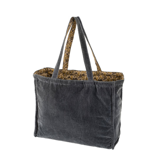 Block Print Velvet Reversible Tote - Blue Graphite