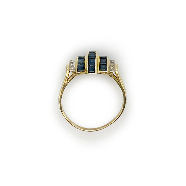 Vintage Blue Sapphire + Diamond + 14ct Yellow Gold Tank Ring - Sz. 8
