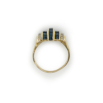 Vintage Blue Sapphire + Diamond + 14ct Yellow Gold Tank Ring - Sz. 8