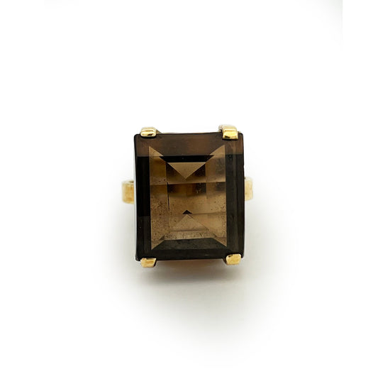Vintage Jumbo Smoky Topaz + 9ct Yellow Gold Cocktail Ring - Sz. 6
