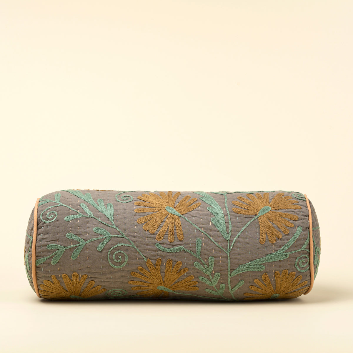 Suzani Embroidered Kantha Bolster - Grey