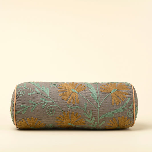 Suzani Embroidered Kantha Bolster - Grey