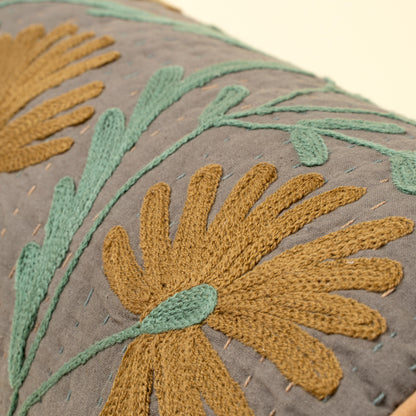 Suzani Embroidered Kantha Bolster - Grey
