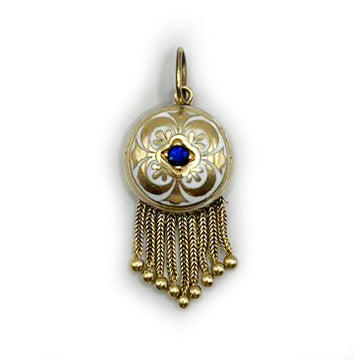 Antique White Enamel + Blue Sapphire + 14K Yellow Gold Nine Tassel Pendant