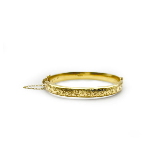 Vintage Fully Engraved Bangle - 9ct Yellow Gold - 7.5"
