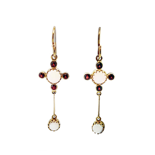 Vintage Garnet + Opal + 9ct Rose Gold Hook Earrings
