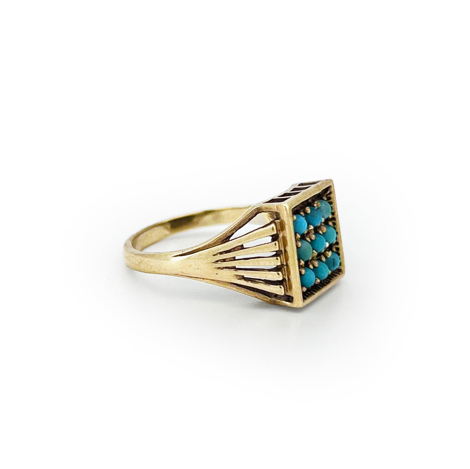 Vintage Nine Turquoise + 9ct Yellow Gold Plaque Ring - Sz.7.75
