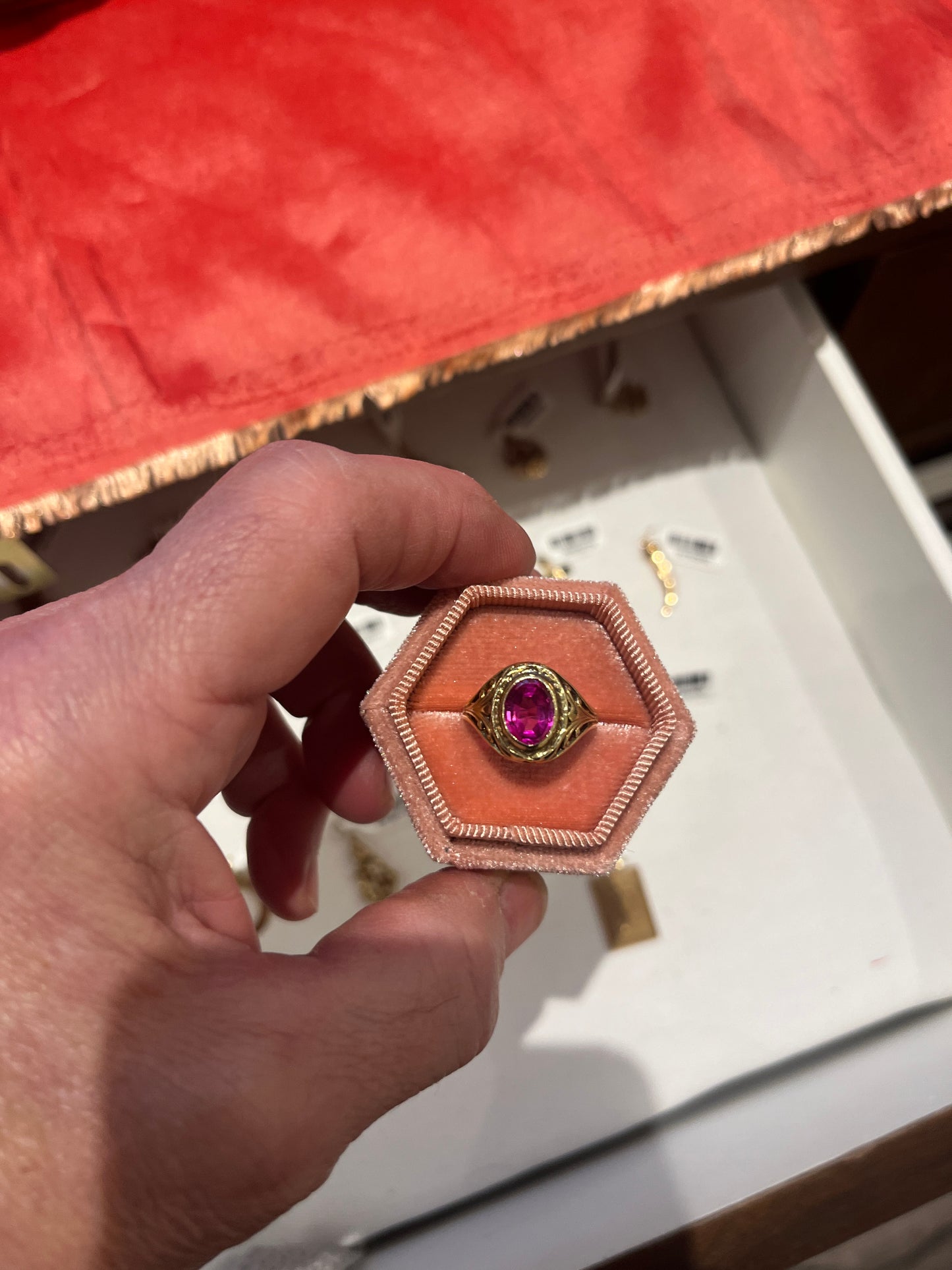 Vintage Pink Sapphire + 14k Yellow Gold Bezel Set Ring - Sz.  7.25