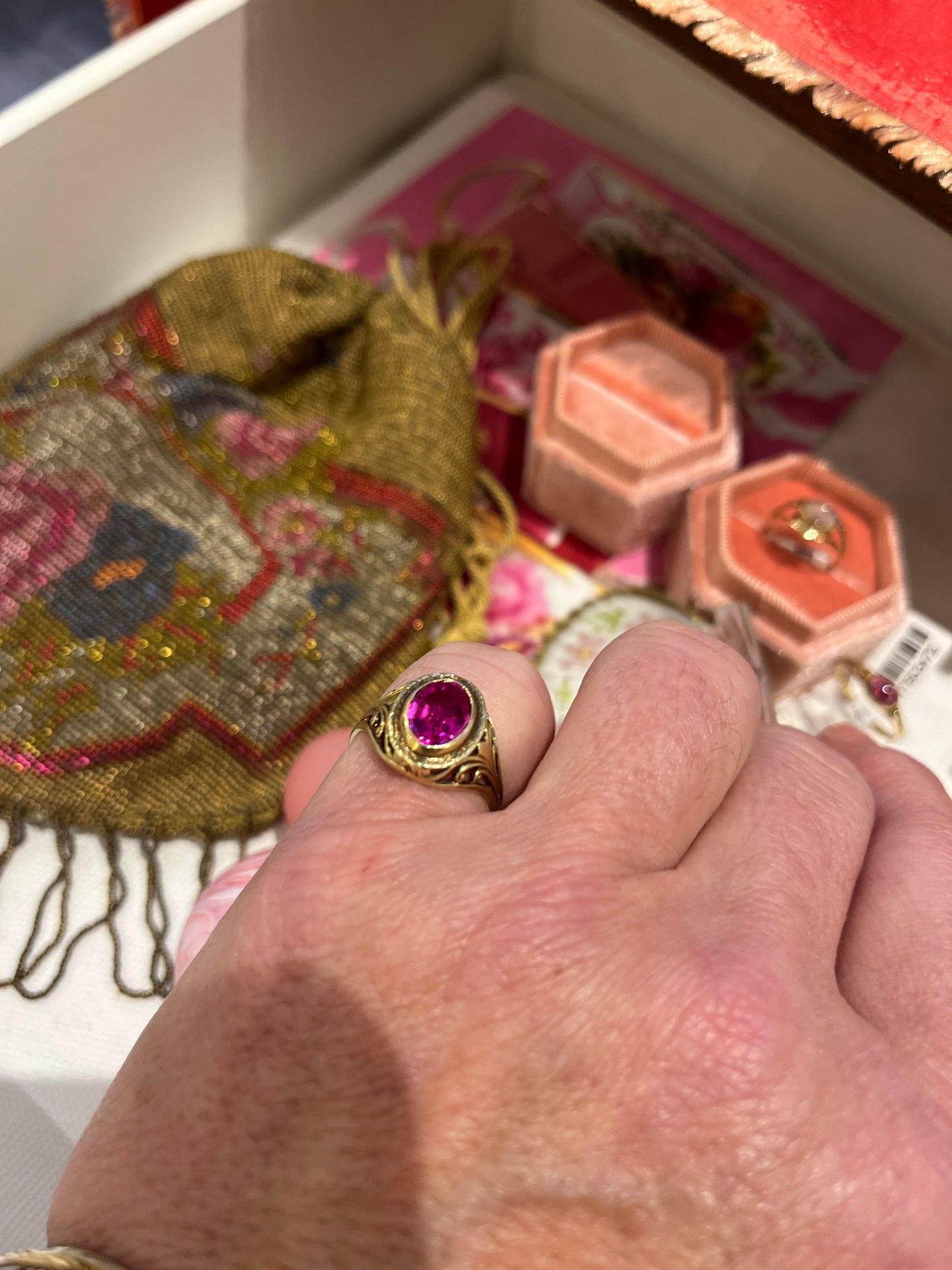 Vintage Pink Sapphire + 14k Yellow Gold Bezel Set Ring - Sz.  7.25