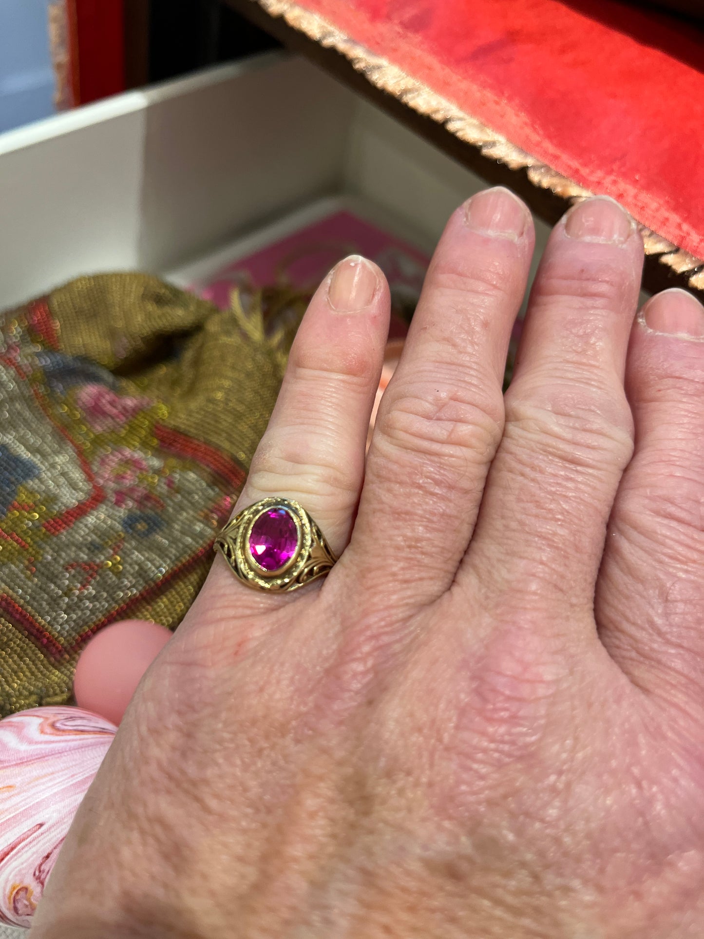 Vintage Pink Sapphire + 14k Yellow Gold Bezel Set Ring - Sz.  7.25