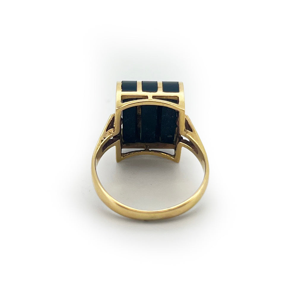 Vintage Black Onyx + 18ct Yellow Gold Striped Dome Ring - Sz. 5.5