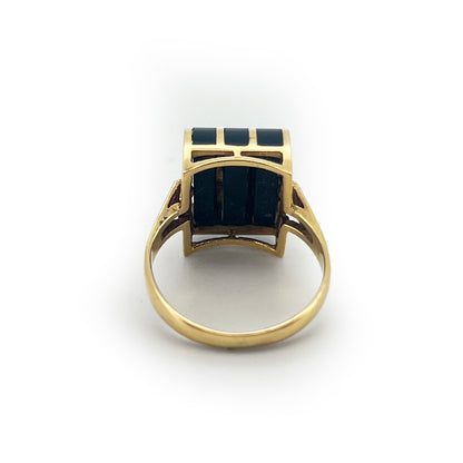 Vintage Black Onyx + 18ct Yellow Gold Striped Dome Ring - Sz. 5.5