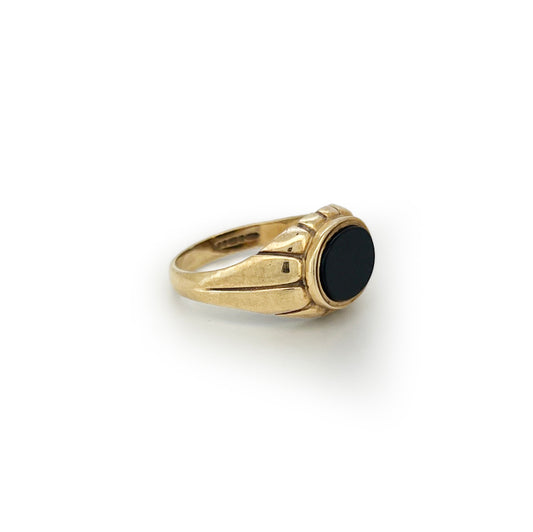 Vintage Black Onyx + 9ct Yellow Gold Ribbed Signet Ring - Sz. 4.75