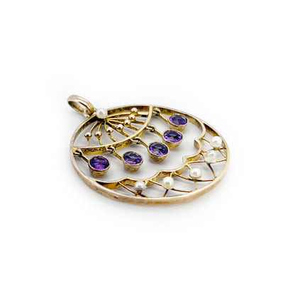 Antique Victorian Amethyst + Pearl + 15ct Rose Gold Pendant