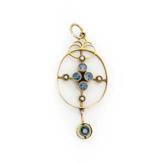 Antique Victorian Cornflower Blue Sapphire + Pearl + 15ct Yellow Gold Pendant