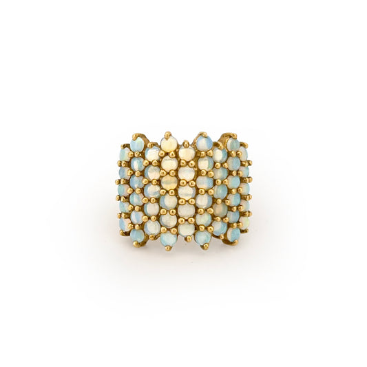 Vintage Opal + 9ct Yellow Gold Pave Ring - Sz. 5.25