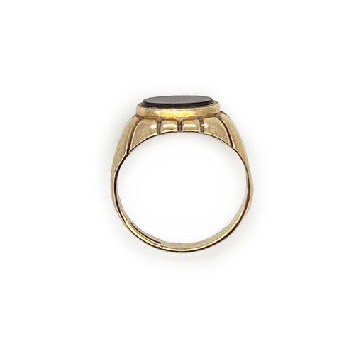 Vintage Black Onyx + 9ct Yellow Gold Ribbed Signet Ring - Sz. 4.75