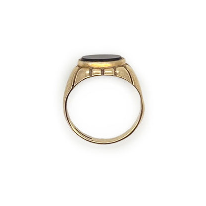 Vintage Black Onyx + 9ct Yellow Gold Ribbed Signet Ring - Sz. 4.75