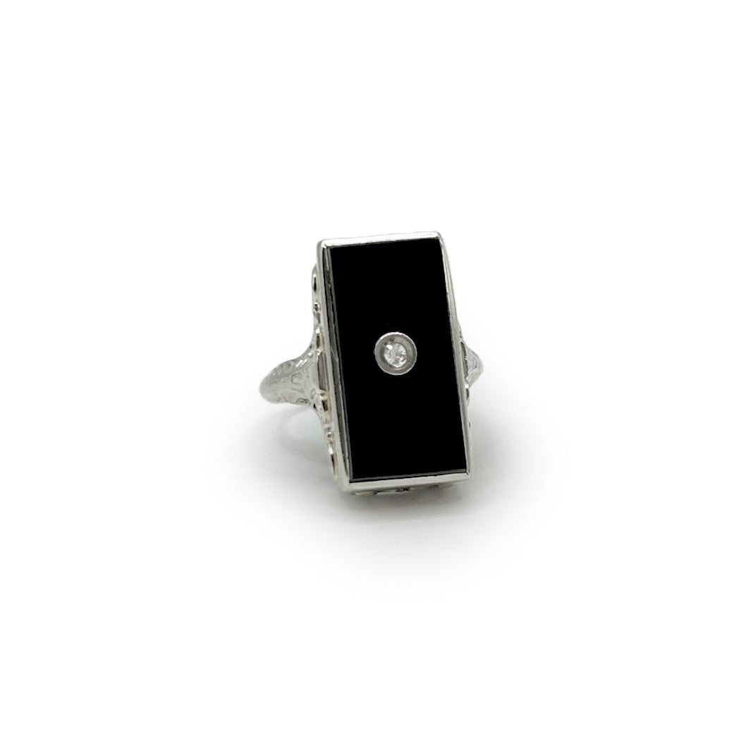 Antique Art Deco Rectangular Onyx + Diamond + 14k White Gold Ring - Sz. 4.75