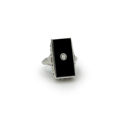 Antique Art Deco Rectangular Onyx + Diamond + 14k White Gold Ring - Sz. 4.75