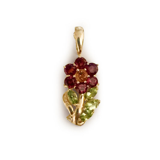 Vintage Garnet + Peridot + Citrine + Diamond + 14k Yellow Gold Flower Pendant
