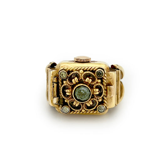 Vintage Evilux Gold Plated Hatched Ring Watch - Sz. 5.75