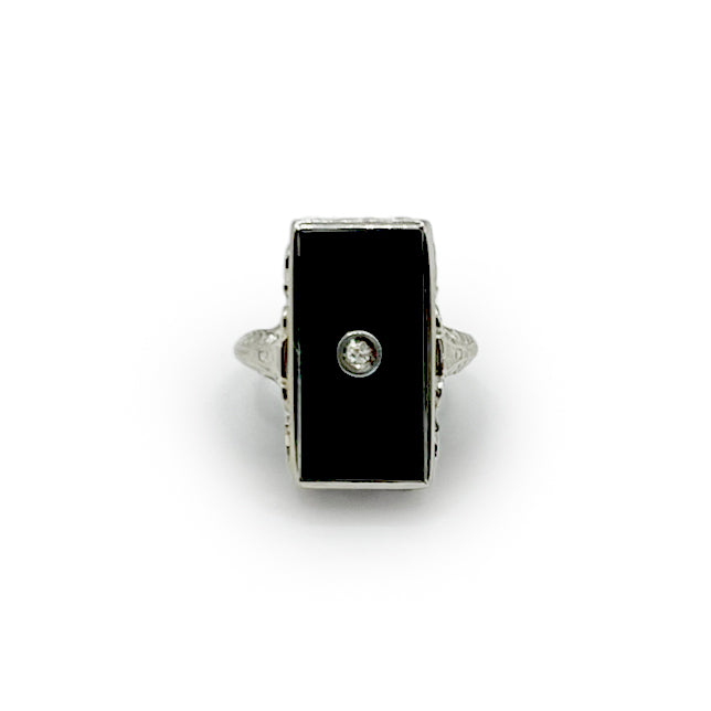 Antique Art Deco Rectangular Onyx + Diamond + 14k White Gold Ring - Sz. 4.75