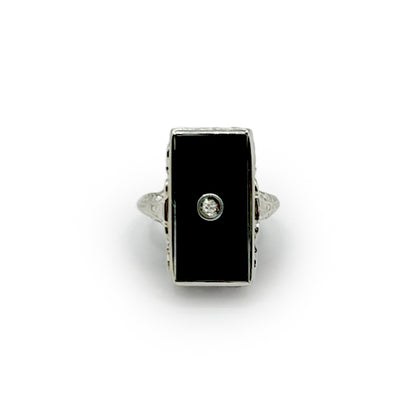 Antique Art Deco Rectangular Onyx + Diamond + 14k White Gold Ring - Sz. 4.75