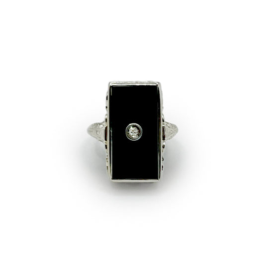 Antique Art Deco Rectangular Onyx + Diamond + 14k White Gold Ring - Sz. 4.75