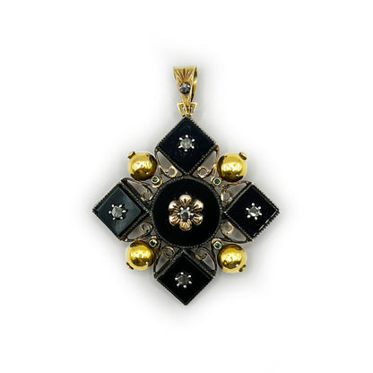 Antique Louis V Onyx + Diamond + Emerald Pendant + 19ct Yellow Gold