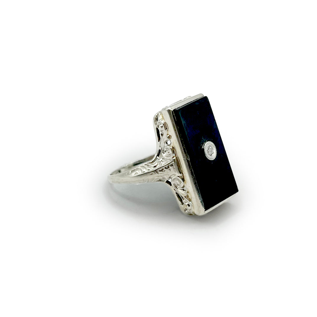 Antique Art Deco Rectangular Onyx + Diamond + 14k White Gold Ring - Sz. 4.75