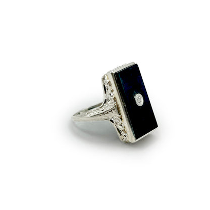 Antique Art Deco Rectangular Onyx + Diamond + 14k White Gold Ring - Sz. 4.75