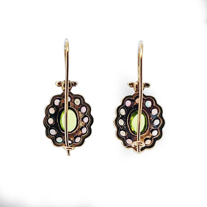 Vintage Cabochon Peridot + Opal + 9ct Rose Gold Hook Earrings