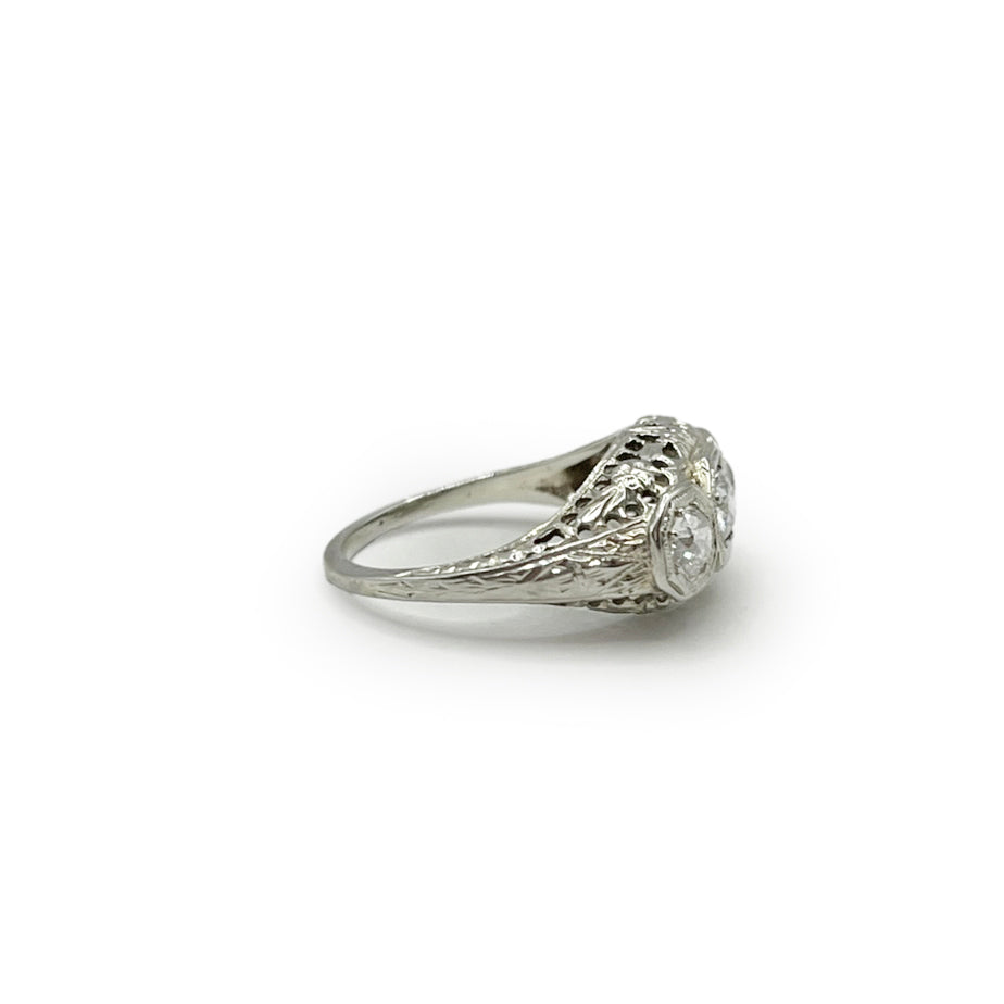 Antique Art Deco Three Diamond + 18k White Gold Ring - Sz. 5.75